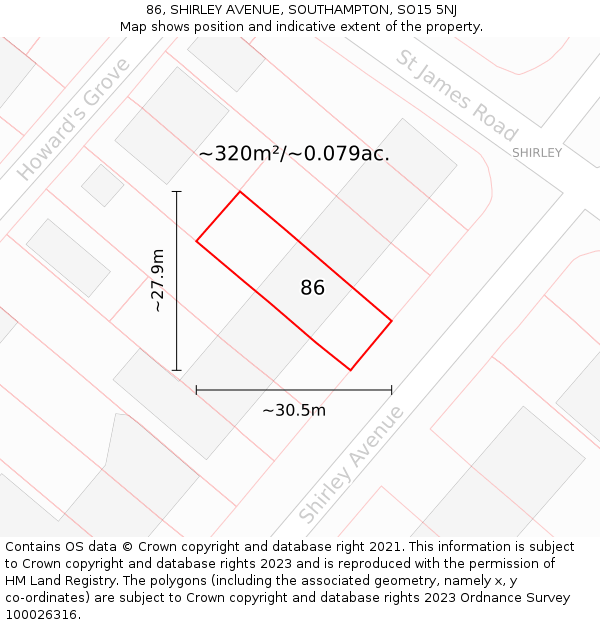 86, SHIRLEY AVENUE, SOUTHAMPTON, SO15 5NJ: Plot and title map