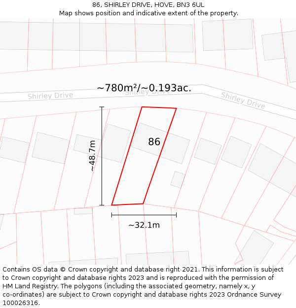 86, SHIRLEY DRIVE, HOVE, BN3 6UL: Plot and title map