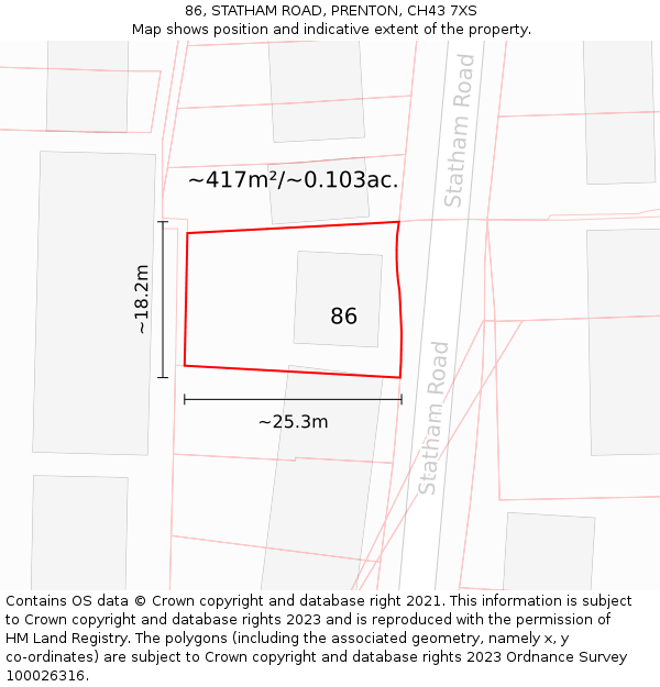 86, STATHAM ROAD, PRENTON, CH43 7XS: Plot and title map