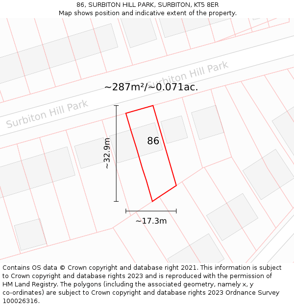 86, SURBITON HILL PARK, SURBITON, KT5 8ER: Plot and title map