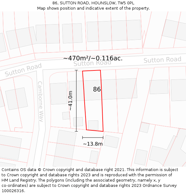 86, SUTTON ROAD, HOUNSLOW, TW5 0PL: Plot and title map