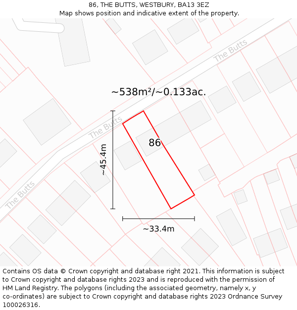 86, THE BUTTS, WESTBURY, BA13 3EZ: Plot and title map