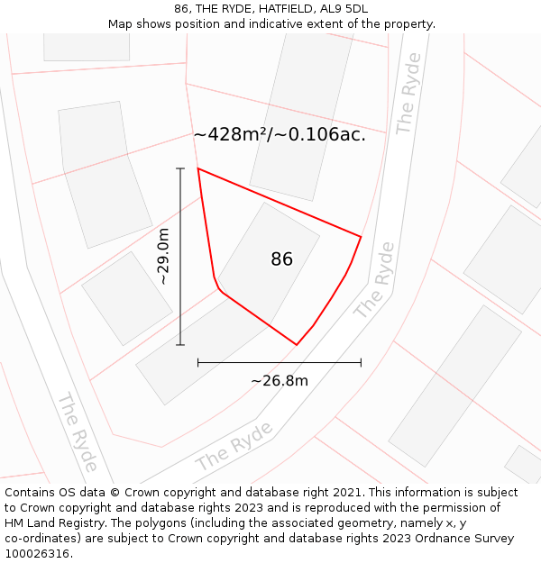 86, THE RYDE, HATFIELD, AL9 5DL: Plot and title map