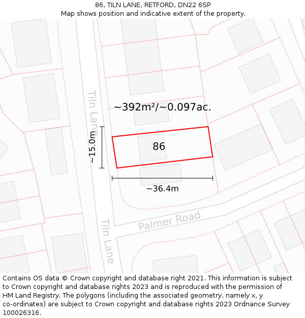 86, TILN LANE, RETFORD, DN22 6SP: Plot and title map