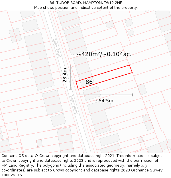 86, TUDOR ROAD, HAMPTON, TW12 2NF: Plot and title map