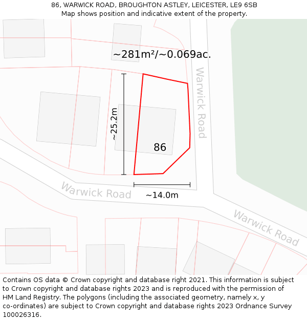 86, WARWICK ROAD, BROUGHTON ASTLEY, LEICESTER, LE9 6SB: Plot and title map
