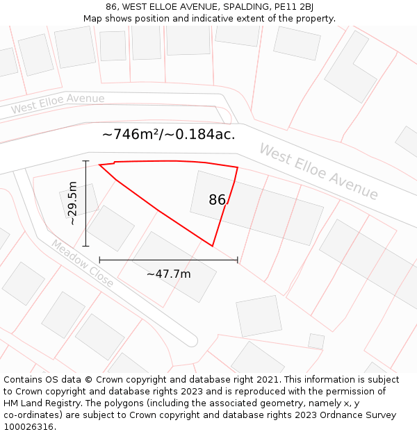 86, WEST ELLOE AVENUE, SPALDING, PE11 2BJ: Plot and title map