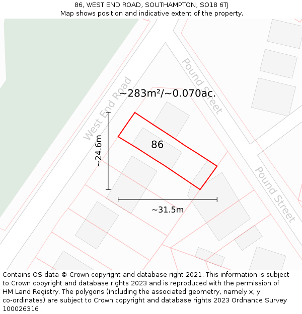 86, WEST END ROAD, SOUTHAMPTON, SO18 6TJ: Plot and title map