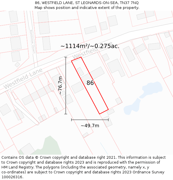 86, WESTFIELD LANE, ST LEONARDS-ON-SEA, TN37 7NQ: Plot and title map