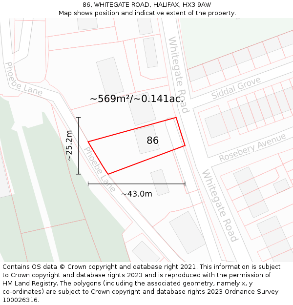 86, WHITEGATE ROAD, HALIFAX, HX3 9AW: Plot and title map