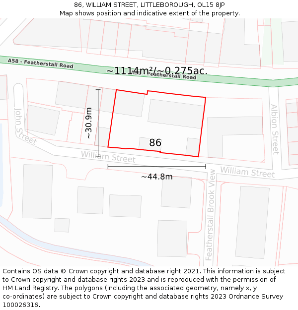 86, WILLIAM STREET, LITTLEBOROUGH, OL15 8JP: Plot and title map