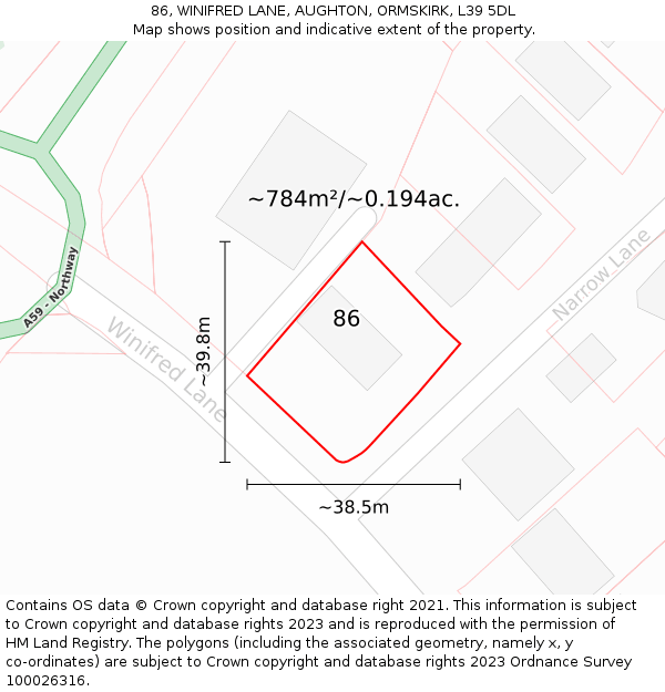 86, WINIFRED LANE, AUGHTON, ORMSKIRK, L39 5DL: Plot and title map