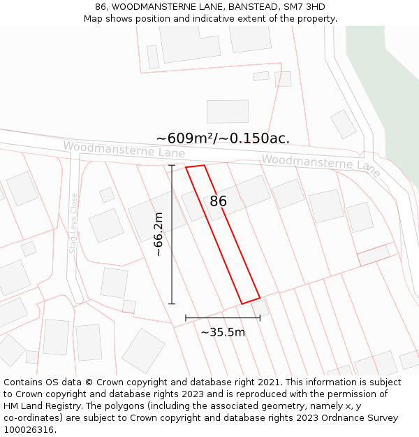 86, WOODMANSTERNE LANE, BANSTEAD, SM7 3HD: Plot and title map