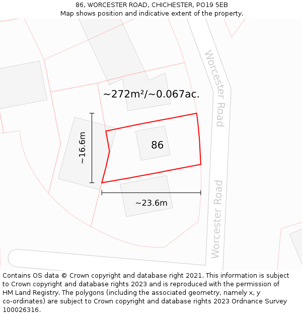 86, WORCESTER ROAD, CHICHESTER, PO19 5EB: Plot and title map