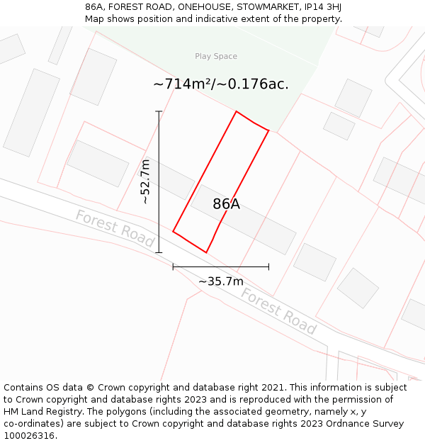 86A, FOREST ROAD, ONEHOUSE, STOWMARKET, IP14 3HJ: Plot and title map