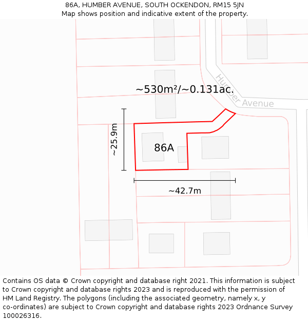 86A, HUMBER AVENUE, SOUTH OCKENDON, RM15 5JN: Plot and title map