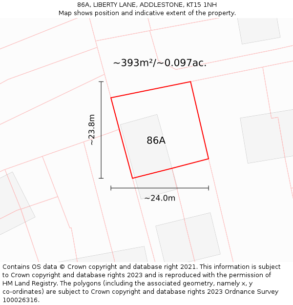 86A, LIBERTY LANE, ADDLESTONE, KT15 1NH: Plot and title map