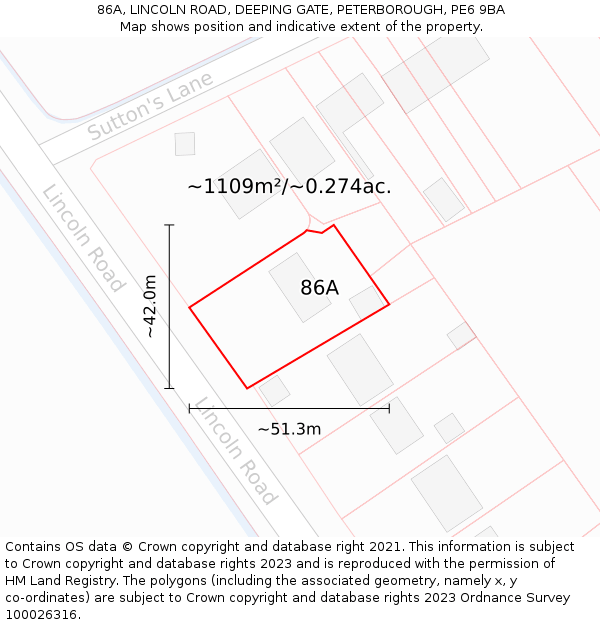 86A, LINCOLN ROAD, DEEPING GATE, PETERBOROUGH, PE6 9BA: Plot and title map