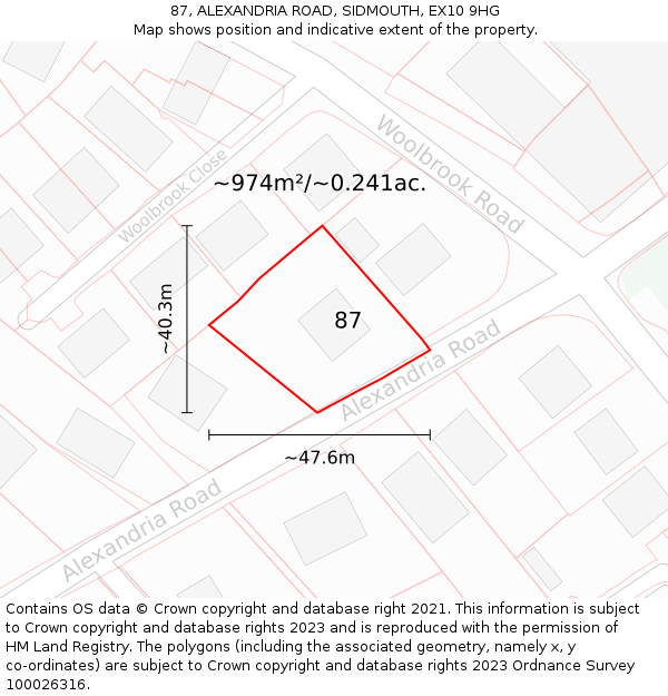 87, ALEXANDRIA ROAD, SIDMOUTH, EX10 9HG: Plot and title map