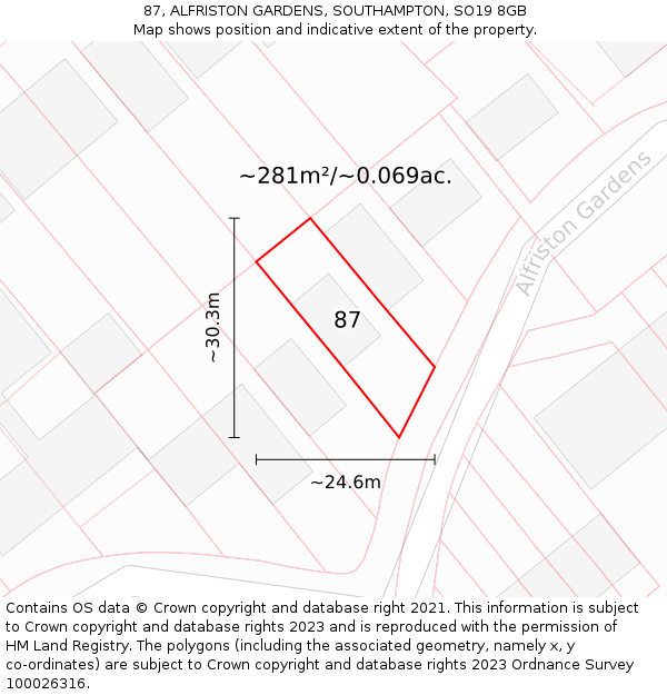 87, ALFRISTON GARDENS, SOUTHAMPTON, SO19 8GB: Plot and title map