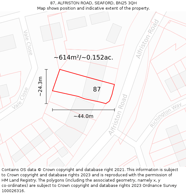 87, ALFRISTON ROAD, SEAFORD, BN25 3QH: Plot and title map