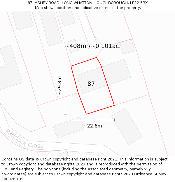 87, ASHBY ROAD, LONG WHATTON, LOUGHBOROUGH, LE12 5BX: Plot and title map