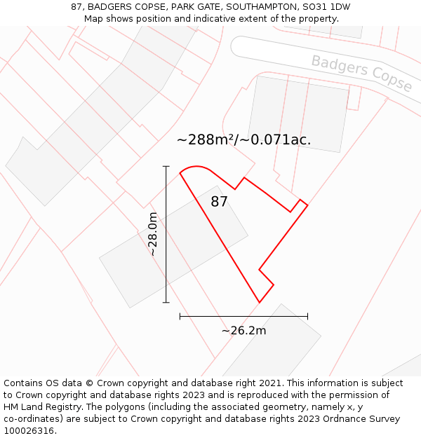 87, BADGERS COPSE, PARK GATE, SOUTHAMPTON, SO31 1DW: Plot and title map