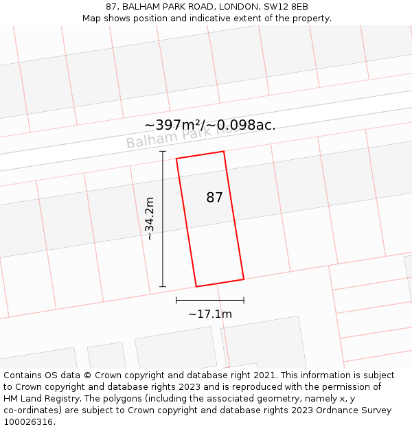 87, BALHAM PARK ROAD, LONDON, SW12 8EB: Plot and title map