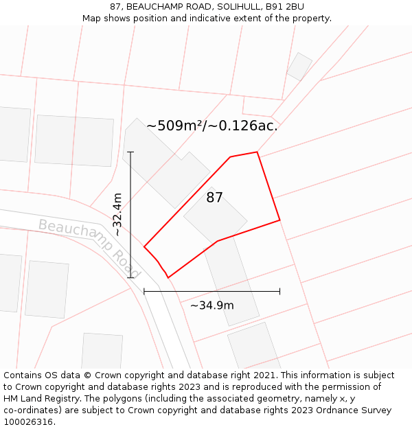 87, BEAUCHAMP ROAD, SOLIHULL, B91 2BU: Plot and title map