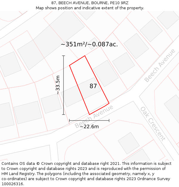 87, BEECH AVENUE, BOURNE, PE10 9RZ: Plot and title map