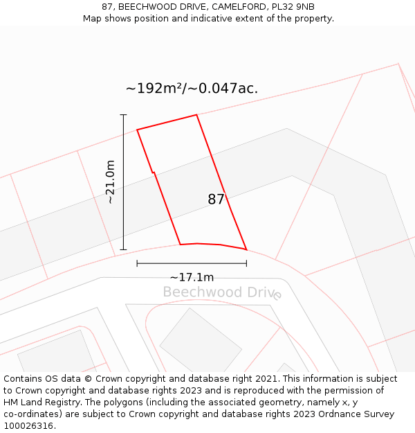 87, BEECHWOOD DRIVE, CAMELFORD, PL32 9NB: Plot and title map