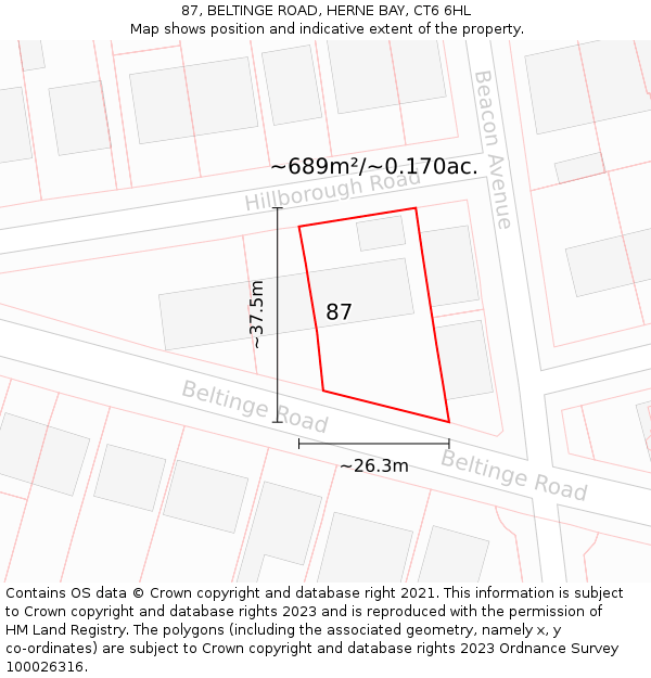 87, BELTINGE ROAD, HERNE BAY, CT6 6HL: Plot and title map