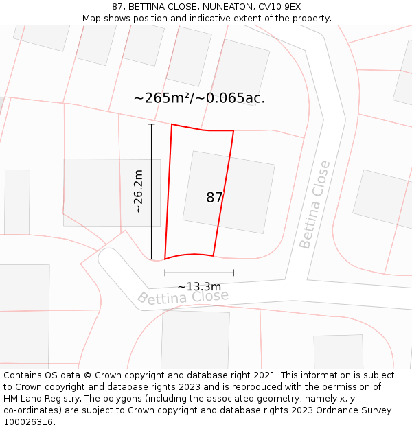 87, BETTINA CLOSE, NUNEATON, CV10 9EX: Plot and title map