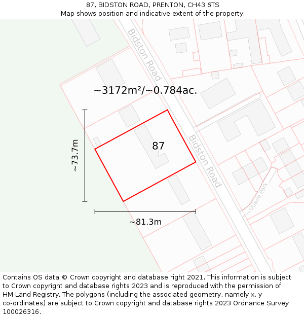 87, BIDSTON ROAD, PRENTON, CH43 6TS: Plot and title map