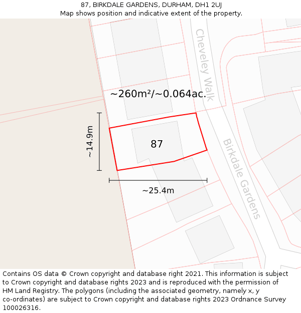 87, BIRKDALE GARDENS, DURHAM, DH1 2UJ: Plot and title map