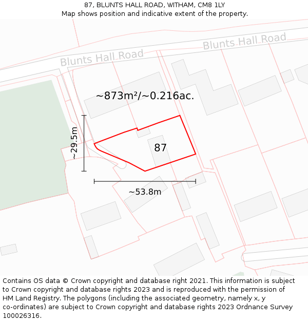 87, BLUNTS HALL ROAD, WITHAM, CM8 1LY: Plot and title map