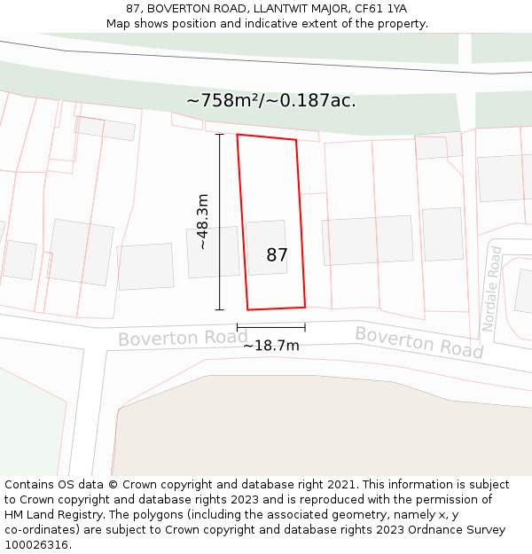 87, BOVERTON ROAD, LLANTWIT MAJOR, CF61 1YA: Plot and title map