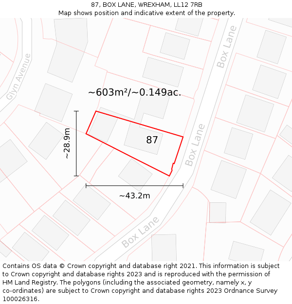 87, BOX LANE, WREXHAM, LL12 7RB: Plot and title map