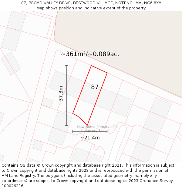 87, BROAD VALLEY DRIVE, BESTWOOD VILLAGE, NOTTINGHAM, NG6 8XA: Plot and title map