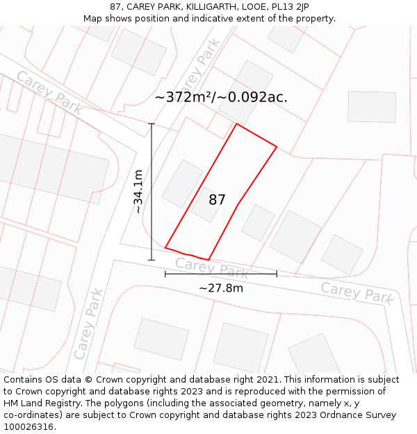 87, CAREY PARK, KILLIGARTH, LOOE, PL13 2JP: Plot and title map