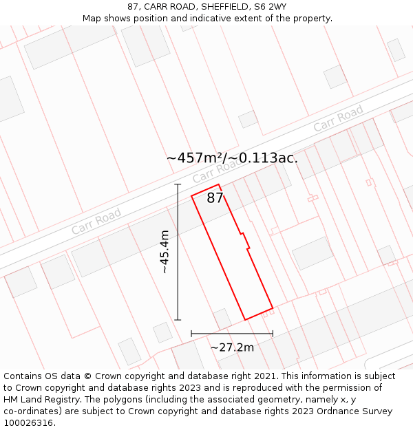 87, CARR ROAD, SHEFFIELD, S6 2WY: Plot and title map