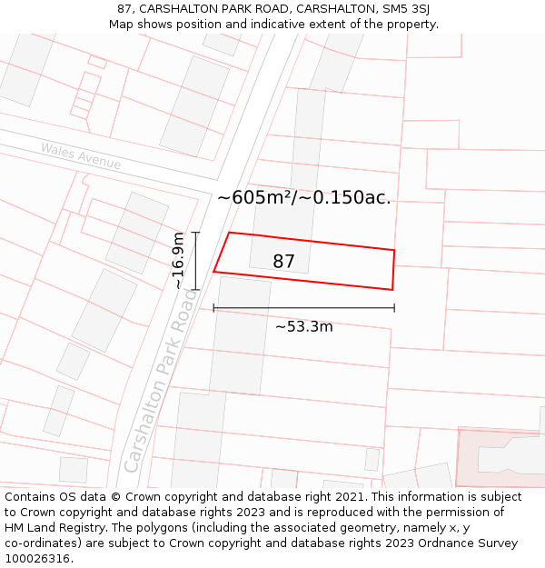 87, CARSHALTON PARK ROAD, CARSHALTON, SM5 3SJ: Plot and title map