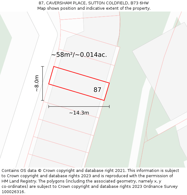 87, CAVERSHAM PLACE, SUTTON COLDFIELD, B73 6HW: Plot and title map