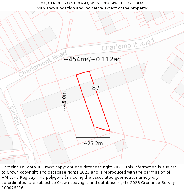 87, CHARLEMONT ROAD, WEST BROMWICH, B71 3DX: Plot and title map