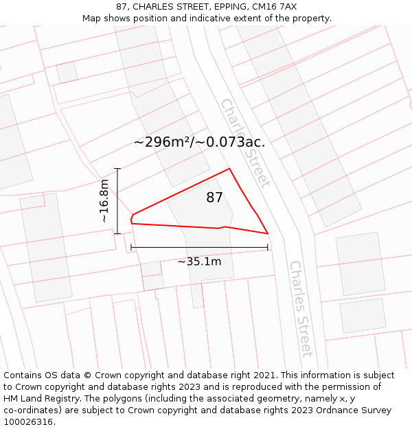 87, CHARLES STREET, EPPING, CM16 7AX: Plot and title map