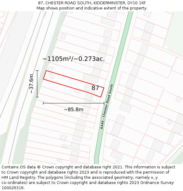 87, CHESTER ROAD SOUTH, KIDDERMINSTER, DY10 1XF: Plot and title map