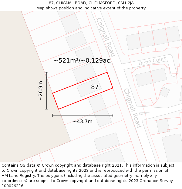 87, CHIGNAL ROAD, CHELMSFORD, CM1 2JA: Plot and title map