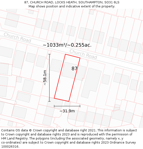 87, CHURCH ROAD, LOCKS HEATH, SOUTHAMPTON, SO31 6LS: Plot and title map