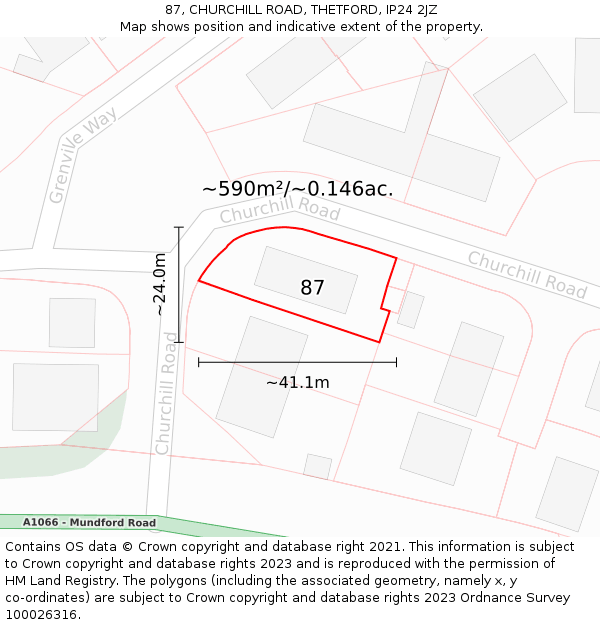 87, CHURCHILL ROAD, THETFORD, IP24 2JZ: Plot and title map