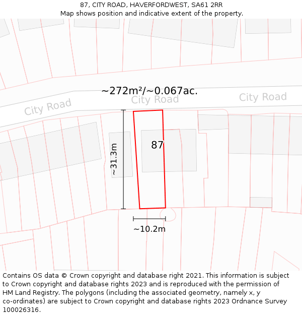 87, CITY ROAD, HAVERFORDWEST, SA61 2RR: Plot and title map